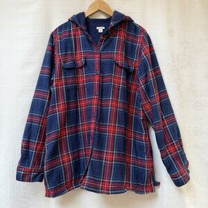 LL Bean Hoodie Women’s XL Fleece Lined Flannel Shirt Jacket Plaid Shacket Cotton